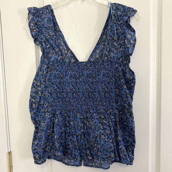 Old Navy Button Front Waist Defined Blouse Smocked Back Peasant Top Blue Floral - Picture 3 of 6